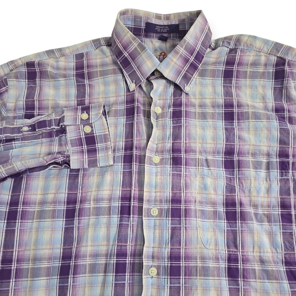 Alan Flusser Purple‎ Plaid Long Sleeve Button Down Mens Large 100% Cotton
